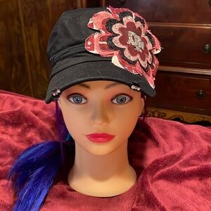 Pit Bull Adjustable black ATM Cap-w/large pink flower, Women’s -one size